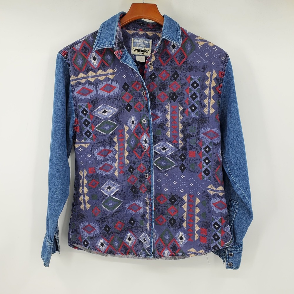 Vintage Wrangler Western Show Shirt Purple Aztec Southwestern Denim Sleeve Rodeo